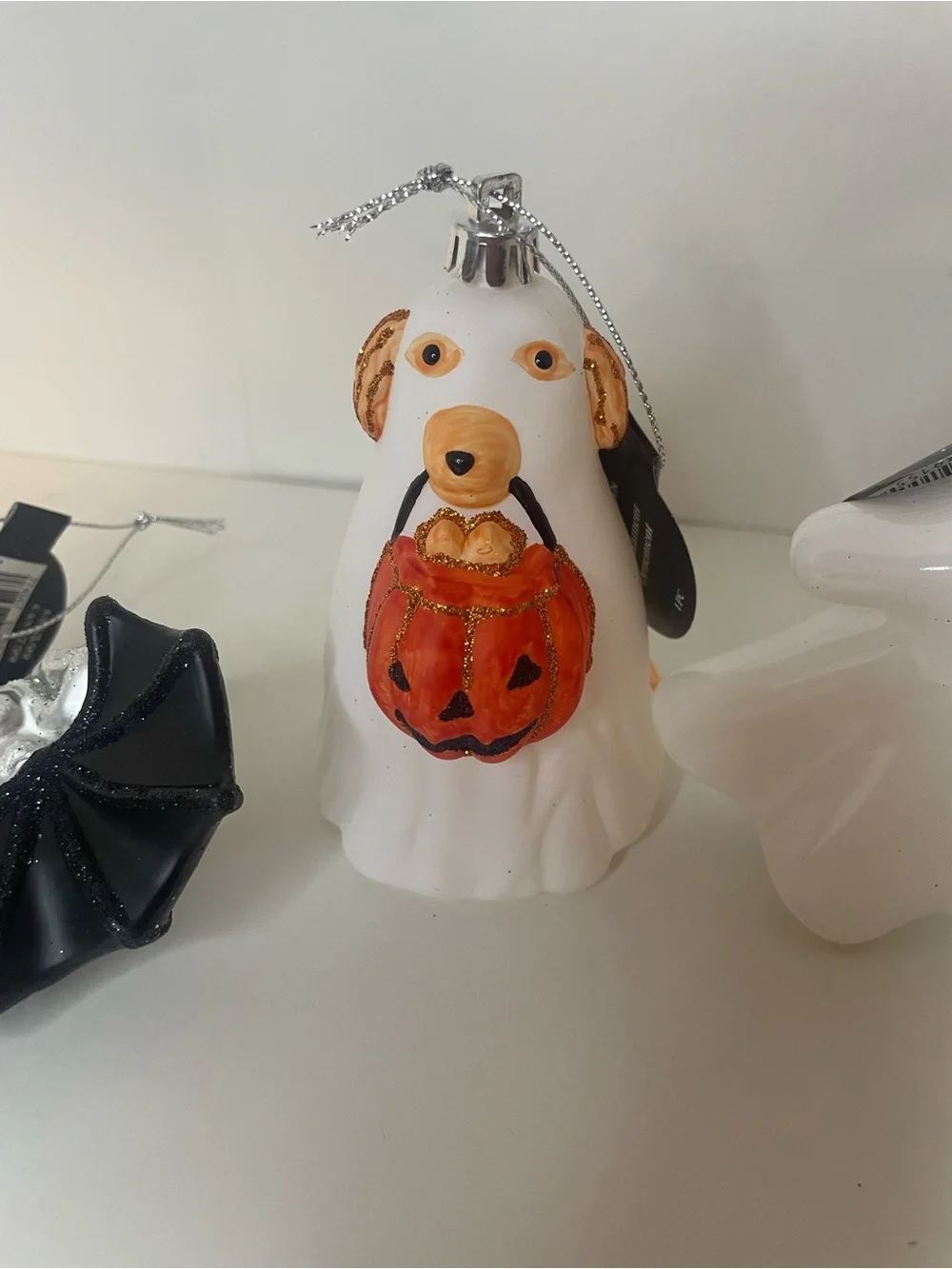 Halloween Bat, Dog and Ghost Ornaments - Black, White, Orange, Silver, Set of 4